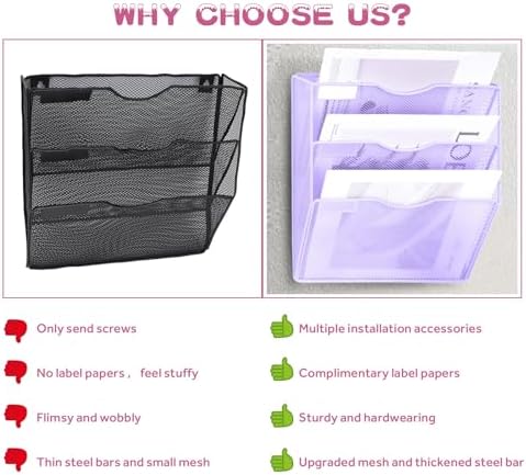 3 Pockets Mesh Wall File Holder Organizer Office Hanging File Folder Magazine Rack, Nametag Label Hooks Set Included (Purple)