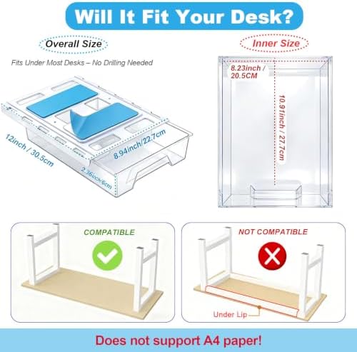 10.91"x 8.23" Under Desk Drawer Storage Organizer, Durable PC Material Self-Adhesive with Slide Out Rail, Hidden Hanging Desk Drawer for Office Supplies, Stationery, No Drilling Install, Clear