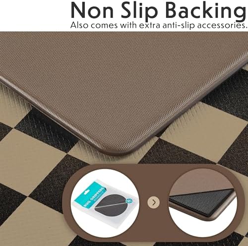 Ohocut Checkered Kitchen Mats for Floor Set of 2, 2 Pcs Cushioned Non Slip Runner Rugs for Kitchen/Sink/Laundry, Comfort Aesthetic Cute Anti-Fatigue Foam Floor Mat (Brown/Black)