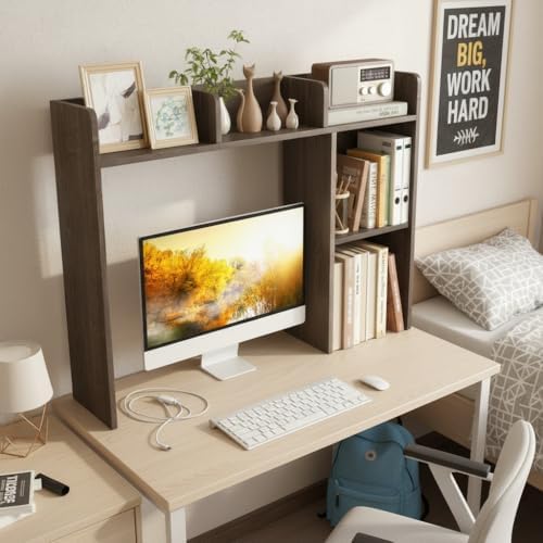 Tangkula Desktop Bookshelf, Countertop Storage Hutch with Shelves for Computer Desk, Desk 3-Tier Display Rack, Multipurpose Wood Desktop Hutch Storage Organizer for Dorm Office