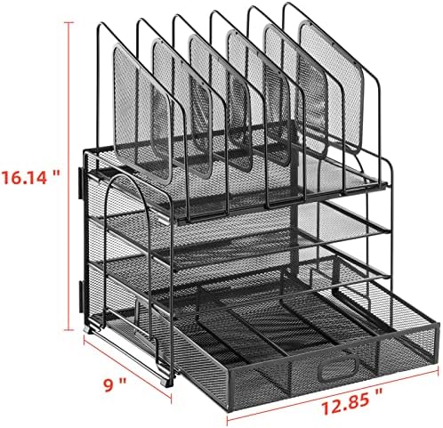 Marbrasse Desk Organizer with Drawer, 4-Tier Mesh File Organizer with 5 Vertical File Holders and 2 Pen Holders, Multifunction Desktop Organizer,Desk Organizers and Accessories for Home Office