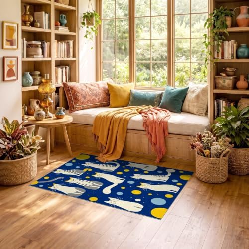 3'x5' Blue Yellow Cat Symphony with Golden Ultra-Soft Throw Mat