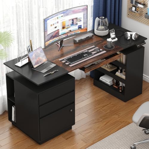 63" Electric Standing Desk with Lockable Drawer, Pegboard and Keyboard Tray, Height Adjustable Stand up Desk with File Cabinet & Shelves, Home Office Computer Gaming Table, Black