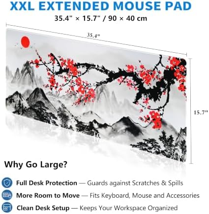 Extended Sakura Zen Desk Mat, XXL Large Gaming Mouse Pad, Japanese Cherry Blossom Stitched Edges Waterproof with Non-Slip Rubber Basefor Computer Keyboard Laptop Work Home Office 35.4"x15.7"