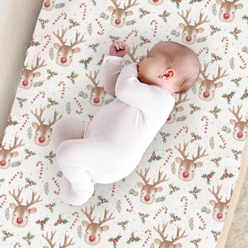 Watercolor Christmas Reindeer Winter Holiday Leaves Pattern Baby Changing Pad Cover, Unisex Christmas Nursery Diaper Changing Table Pad Mat Sheet for Boys Girls-16x32