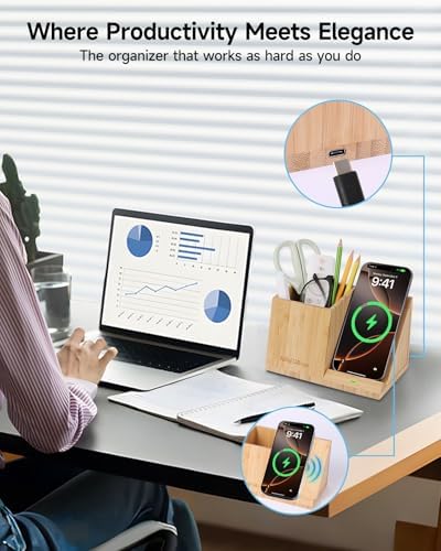 Bamboo Pen Holder for Desk & Nightstand Organizer with Fast Wireless Charging for iPhone, Samsung & More – Office Desk Accessories for Men/Women (Bamboo)