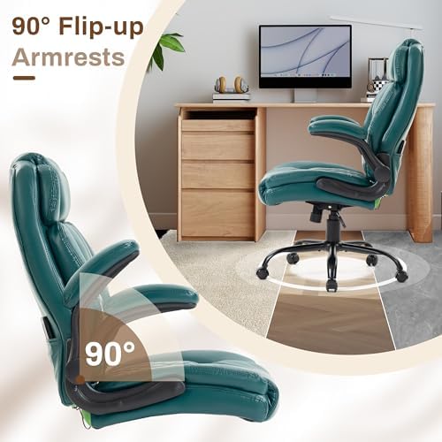 Massage Office Chair,500LBS Ergonomic Rocking Executive Desk Chairs with 4 Points Vibration&Heat,Padded Flipup Armrests for Big and Tall Office Chair,Swivel Computer Chair DarkGreen