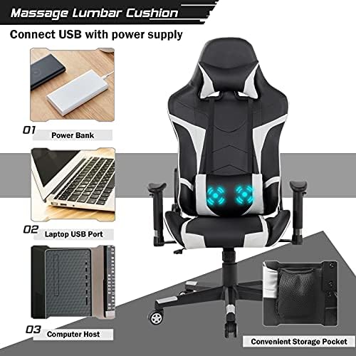GYMAX Gaming Chair, Massage Gaming Chairs for Adults with Headrest, Lumbar Support & Armrest, Video Computer Reclining Gaming Chair, Office Desk Gamer Task Chair (White)