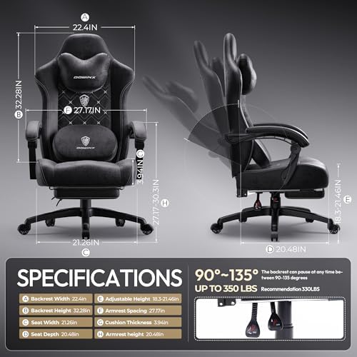 Dowinx Gaming Chair with Heated Massage Lumbar Support,Big and Tall Fabric Gaming Chairs for Adults with Footrest, Ergonomic Computer Game Chair with Poket Spring Cushions, 350lbs, Black