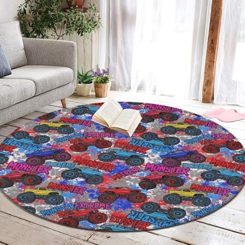 Soft Round Yoga Carpet, Large Home Decor Mat, Non Slip Machine Washable Kitchen Office Circle Rug Monster Truck Car Grunge, 24inch