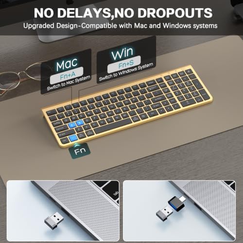 JOYACCESS Black Gold Wireless Keyboard with Low-Profile Keys - 2.4GHz Full-Sized,Windows & Mac OS, Quiet,Ergonomic Keyboard for Computer, Laptop, PC, Mac,Windows- Gold