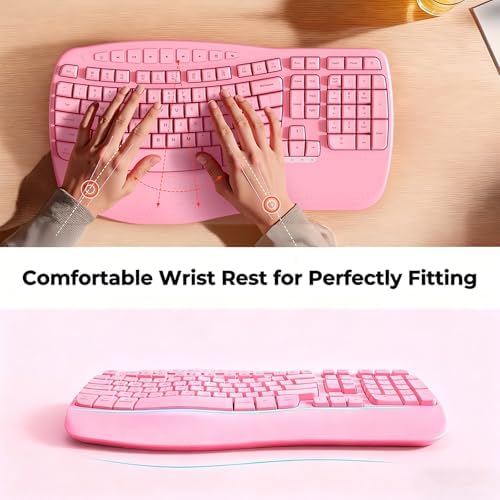 MEETION Wireless Ergonomic Keyboard with Wave Keys and Wrist Rest - Pink