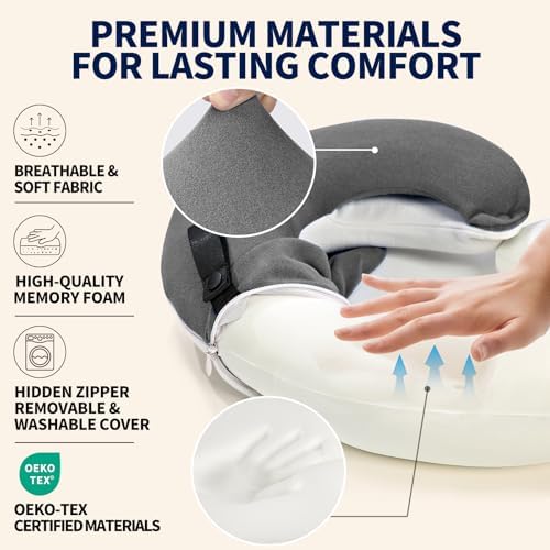 BUYUE Travel Neck Pillows for Airplanes, Memory Foam 360° Head Support Sleep for Long Flight, Skin-Friendly & Breathable, Kit with Eye Mask, Earplugs and Storage Bag (Adult, Grey, 90+ lbs)