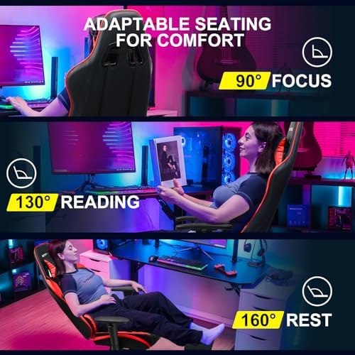 GTPLAYER Gaming Chair with Footrest, Ergonomic Computer Game Desk Chair, Reclining Gamer Chair Seat Height Adjustment, Swivel Rocker with Headrest and Lumbar (Brickred)