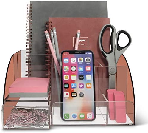 My Space Organizers Rose Gold Desk Organizer, Acrylic, 9 Compartments, Office Supplies Desk Accessories Organizer with Drawer, Pen Holder, Office Decor Desktop Organization (Rose Gold)