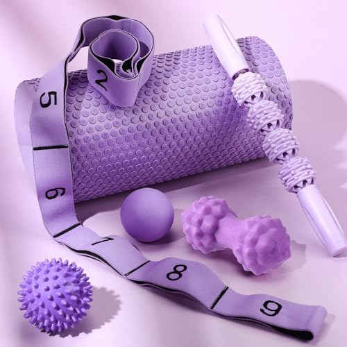 Seenelling 6 Pcs Muscle Foam Roller Set Massage Ball Stick Strap, Purple