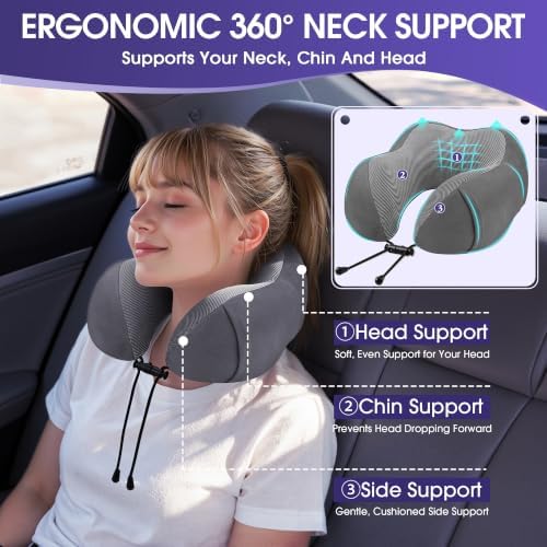 CloudBliss Memory Foam Travel Neck Pillow, Set of 2, Grey & Pink
