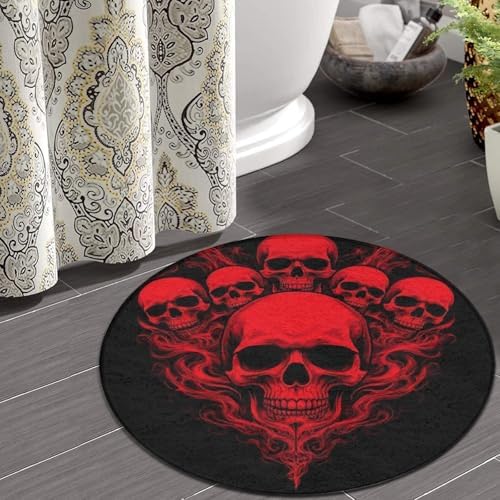 Women's Large Home Decor Mat, Soft Round Yoga Carpet, Non Slip Machine Washable Home Office Circle Rug Red Skull