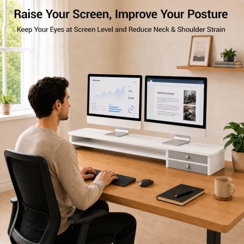 Dual Monitor Stand, 42.5 Inch Wood Monitor Riser with Drawers, 2 Tier Desktop Organizer for Computer Laptop TV, Large Screen Stand for Home Office Desk