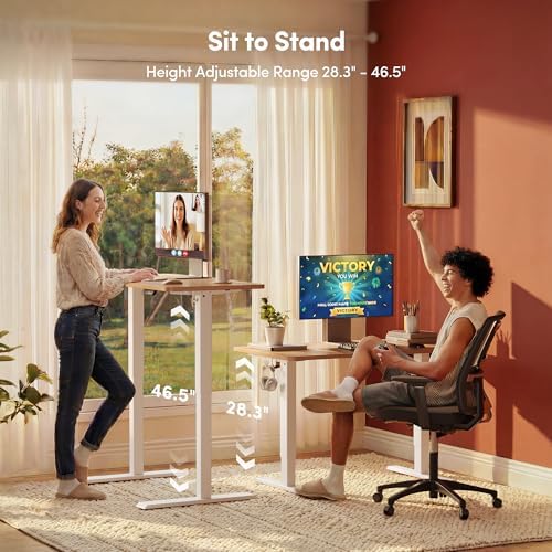 Cubiker Standing Desk, 32" Small Sit Stand Home Office Desk, Electric Stand up Desk, Adjustable Desk with Splice Board, White Frame/Maple Top