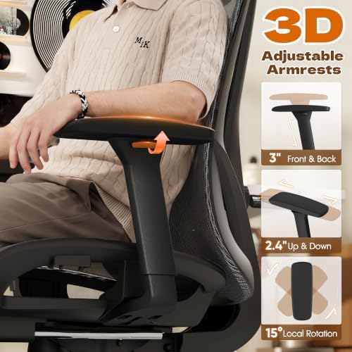 GABRYLLY Ergonomic Office Chair with Adjustable Lumbar Support, 3D Armrests & Headrest, 135° Reclining Chair with Footrest & Large Steel Base,300LBS Swivel Desk Chair - GYMN01-DG
