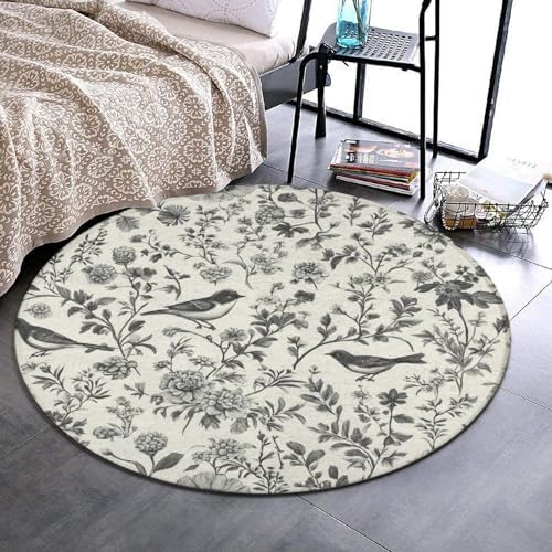 Fashion Round Area Rug Large Non Slip Carpet, Flower Bird Floral Unisex Home Decor Mat