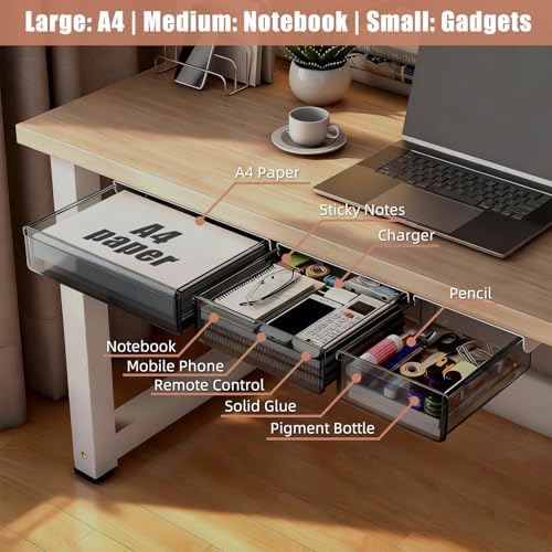 3 Pack Under Desk Drawer Slide Out Storage Organizer, Transparent Black Hidden Desktop Drawer Attachment with 3 Sizes (S/M/L), Adhesive or Screw-Mount Table Tray for iPads, Journals & Desk Accessories