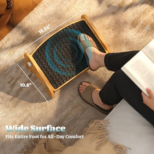 Under Desk Footrest, Foot Rest Under Desk with Side Rotating Button, 4 Adjustable Heights Wooden Office Footrest, Large Anti-Slip Surface, Wide Seat with Soft Bumps, Fit for Office, Living Room