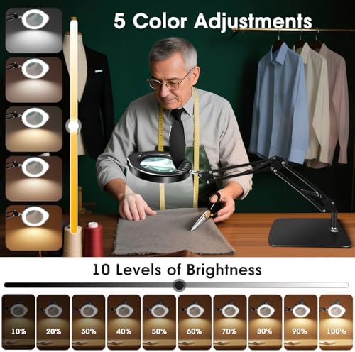 15X HD Magnifying Glass with Light, Hands-Free Desk Magnifier with 2-in-1 Base & Clamp, Adjustable Swing Arm, 5 Color Modes, 10 Brightness Levels for Reading, Crafts, Sewing & Nail Art