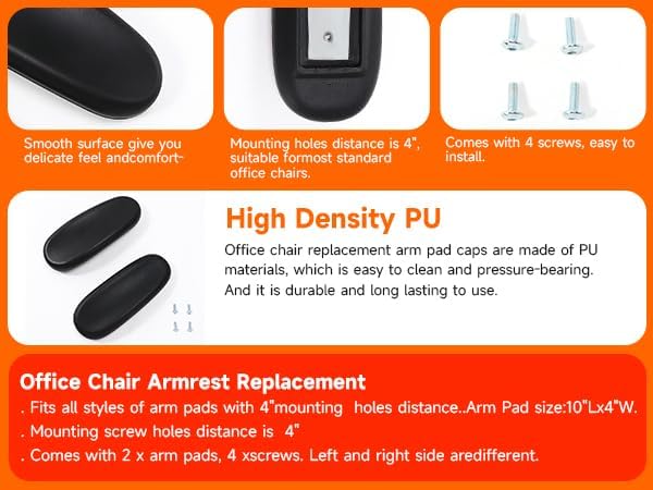 Office Chair Arm Replacement,Gaming Chair Replacement Armrest Arm Pads Universal 4" Mounting Hole Parts(Set of 2) Black