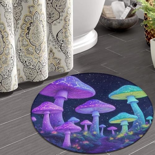 Men's Large Home Decor Mat, Soft Round Yoga Carpet, Non Slip Machine Washable Home Office Circle Rug Neon Mushrooms