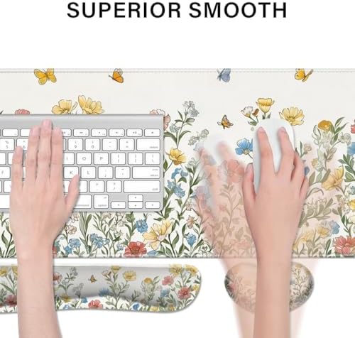 Desk Pad and Keyboard Wrist Rest, Large Mouse Pad + Keyboard Pad+Mouse Wrist Support, Non-Slip Desk Mat Protector for Office, Home 31.5×11.8 Inches Spring Floral