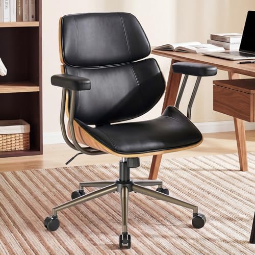 Mid Century Walnut Bentwood PU Leather Office Chair with Arms, Black