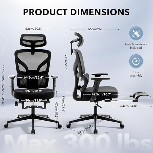 Ergonomic Mesh Office Chair with Footrest, 135° Reclining, Black