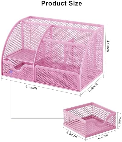 EasyPAG Mesh Desk Organizer with Drawer Multi-functional Pen Holder Stationery Organizer for Office School Supplies 6 Compartments Dorm Organizers and Storage for Desk, Light Pink
