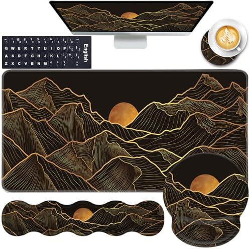 Mouse Pad,Large Pink Desk Mat, 4in1 XXL Mousepad + Keyboard Wrist Rest+Mouse Wrist Rest+Coaster Set with Ergonomic Desk Pad for Home Office Table Computer-Golden Mountain Line Moon Landscape