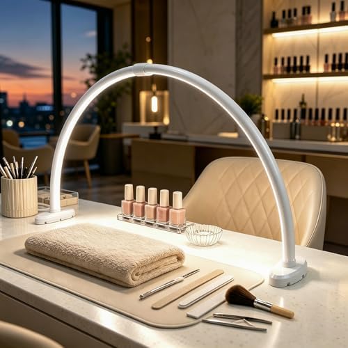 Half Moon Nail Light, 180° No Shadow LED Nail Desk Lamp with Foldable Height Adjustable Base, Nail Tech Lamp Soft Light Eye Protection for Manicure Eyelash Tattoo Craft Workbench Lighting