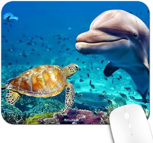 9.5x7.9 Inch Office/Gaming Mouse Pad, Sea Turtle and Dolphin Coral Reef Marine Life Tropical Ocean Animals, Cute Anti-Slip Mat for Desk Decor
