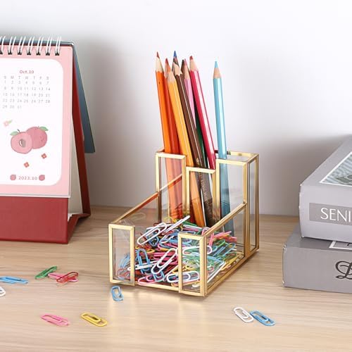BTSKY Golden Glass 3x3 Inch Sticky Note Holder with Pen Slot