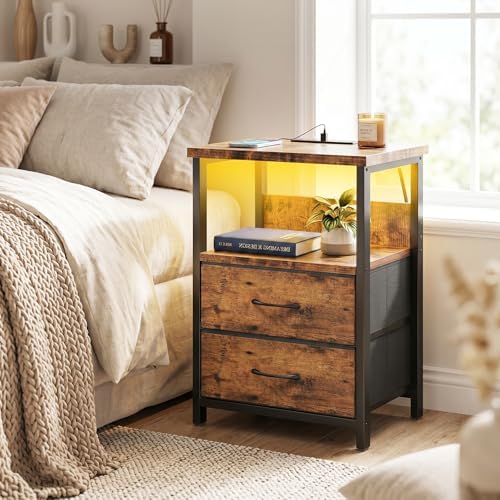 Fixwal Night Stand with Charging Station, Led Nightstand, 2 Fabric Drawers