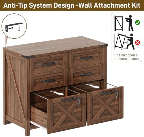 Halitaa Farmhouse Lateral File Cabinet with 6 Drawers, Walnut