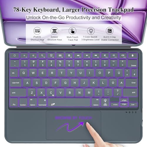 iPad Air 13 inch Case Keyboard (M4/M3/M2, 2026/2025/2024), Wireless Keyboard for Pro 12.9 6/5/4/3rd Gen, Magnetic Detachable with Trackpad, 7-Color Backlit, Landscape/Portrait, Adjustable Stand (Gray)