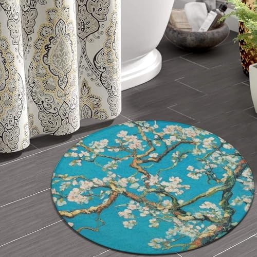 Machine Washable Modern Round Area Rug, Room Sofa Yoga Soft Round Carpet, Home Decor Non Slip Kitchen Office Circle Rug Beautiful Apricot Flower Blossom Art, 24inch