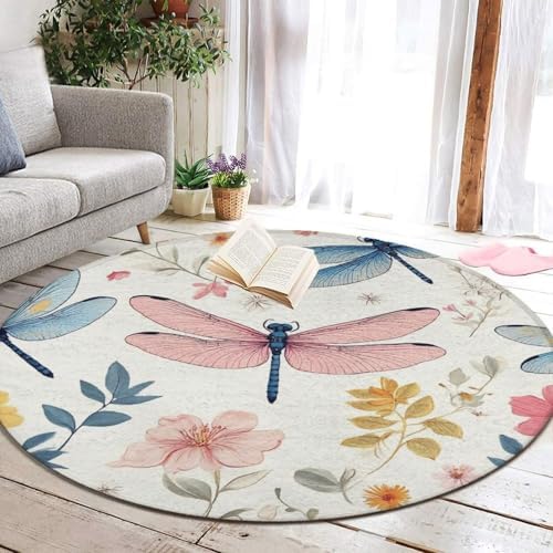 Fashion Round Area Rug Large Non Slip Carpet Unisex Home Decor Mat Dragonfly