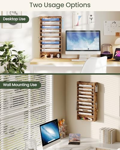 CHOEZON Wall File Organizer, 10-Tier Hanging Mail Organizer, Wall Mount File Holder with 4 Side Hooks, Mail and Storage Organizer, Wooden Vertical Hanging Holder for Office, Rustic Brown MWJ03FG