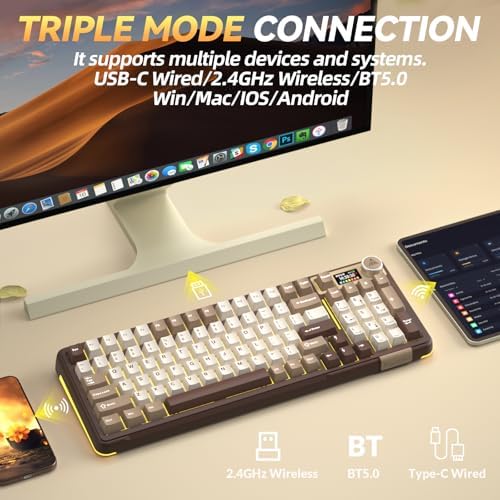 SOLAKAKA A99 Pro Mechanical Keyboard with LCD Screen & Metal Knob, Wireless Gaming Keyboard with BT5.0/2.4GHz/USB-C, Hot Swappable Creamy Keyboard, Gasket Structure, RGB Backlit, for Win/Mac