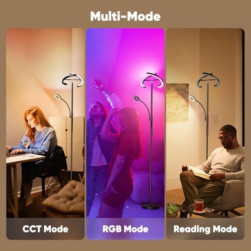SIBRILLE Upgraded 36W RGBCW Floor Lamp with Ring Reading Lamp, Rotatable Remote Control LED Standing Lamp Dimmable Floor Light Modern Standing Light for Living Room Bedroom Home Office, Black