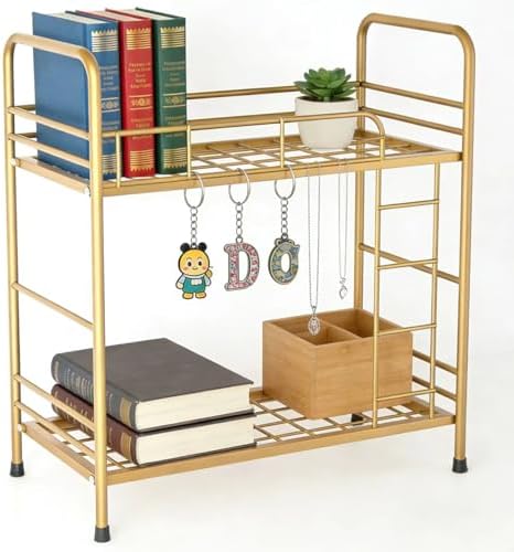 Desktop Shelf Organizer, 2 Tier k Organizer Storage Rack and Frees Up The Space of The Desk, Small Metal Bookshelf with Bunk Bed Design for Dormitory, Home, Office