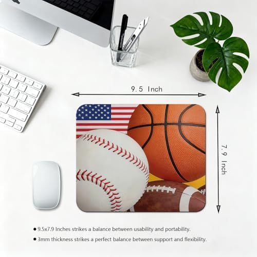 9.5x7.9 Inch Office/Gaming Mouse Pad, America’s Favorite Sports Baseball Basketball Football American Flag, Cute Anti-Slip Mat for Desk Decor