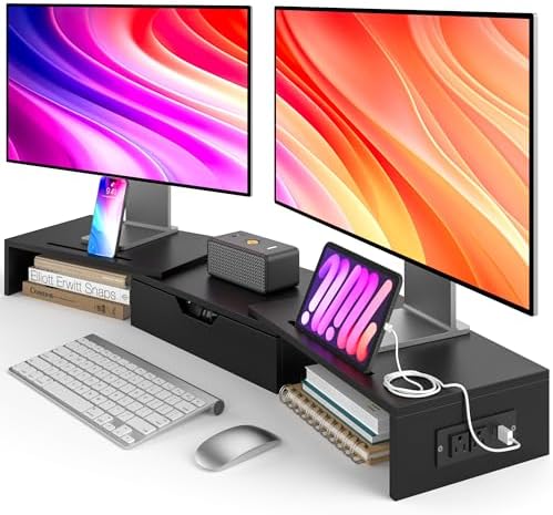 Dual Monitor Stand with USB Ports Wood Monitor Stand Riser with Drawer